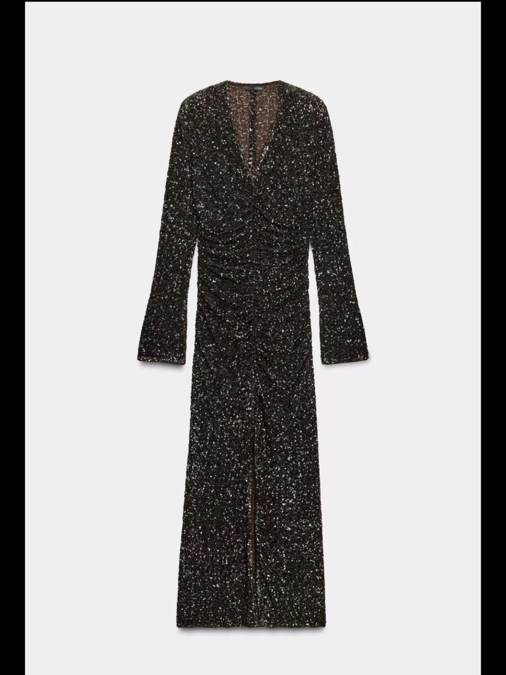 Zara Black Sparkle Ruched V-Neck Long Sleeve Dress with Front Slit
